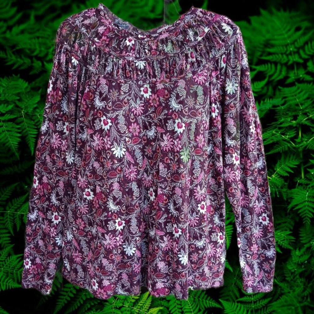 LOFT Women Top Blouse Long Sleeves Blackberry Floral Size M